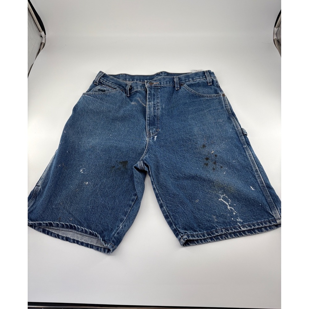 Dickies Mens Carpenter Denim Shorts Blue Distressed Paint Splatter W38 DX200SNB